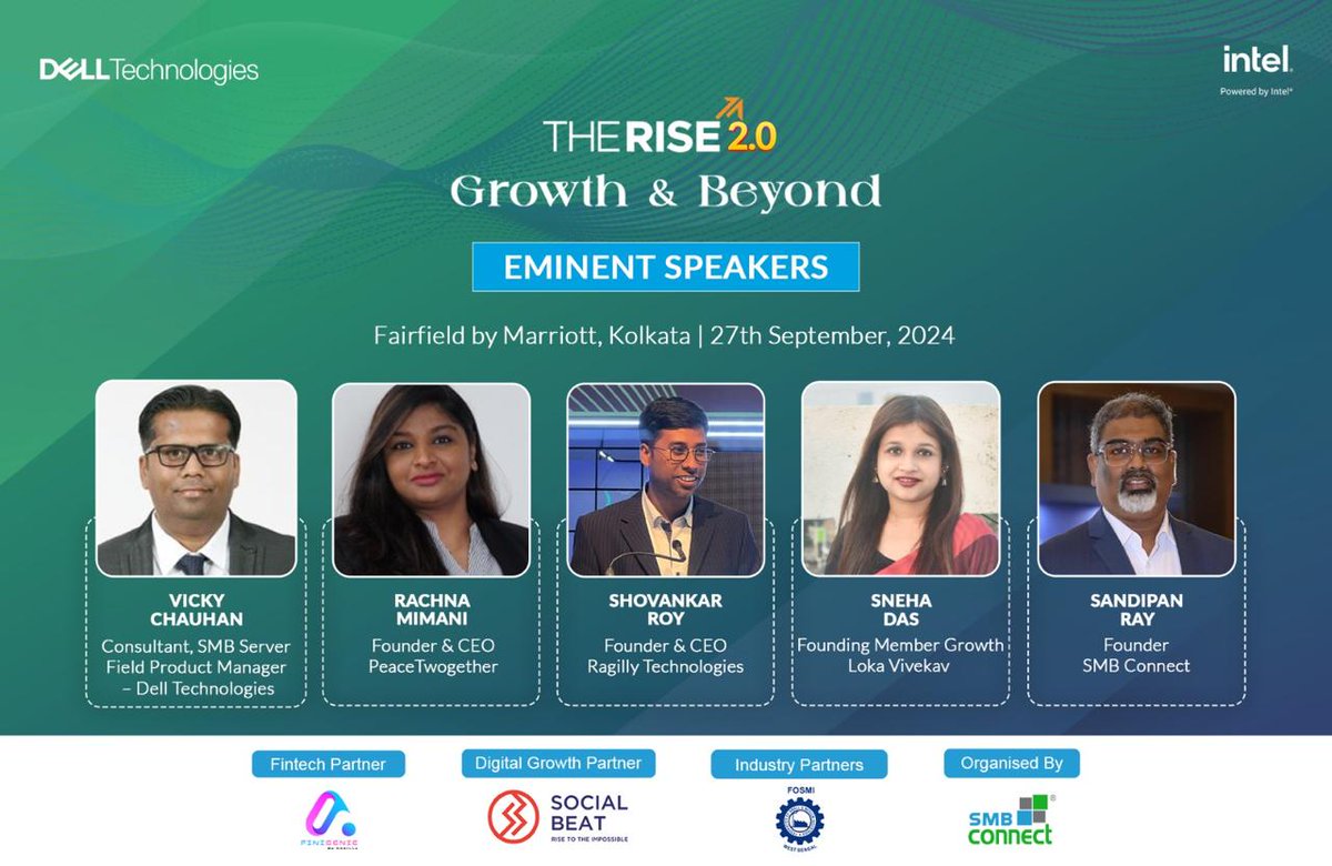 SmbConnect2015's tweet image. We&apos;re excited to present The Rise 2.0: Growth and Beyond, powered by Dell Technologies! 🚀
Join us on September 27, 2024, at Fairfield by  #Marriott,  #Kolkata, for a  #transformativeevent where  #industryleaders share insights on driving digital growth and business success.