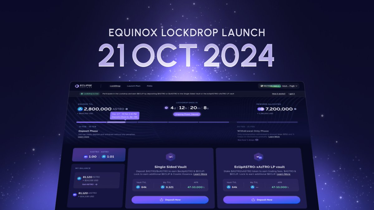 Eclipsefi's tweet photo. 🌟 Equinox Lockdrop Launch date is officially 21 Oct 2024!

We shared the alpha in today’s X Spaces, and now we’re bringing it to you here too. 🌘

Get ready and stay tuned for more details as we approach launch day. 👀

#EquinoxLockdrop #DeFi #EclipseFi https://t.co/L1Jshblh0g