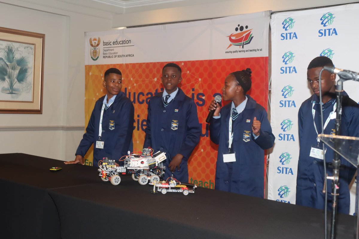DBE_SA's tweet image. In groups, learners took turns presenting their innovative designs. These included a device aimed at combating flooding in KZN, a solar-powered vehicle to promote a sustainable environment, and another called "Break it down," which promotes physical wellness.
#CodingAndRobotics