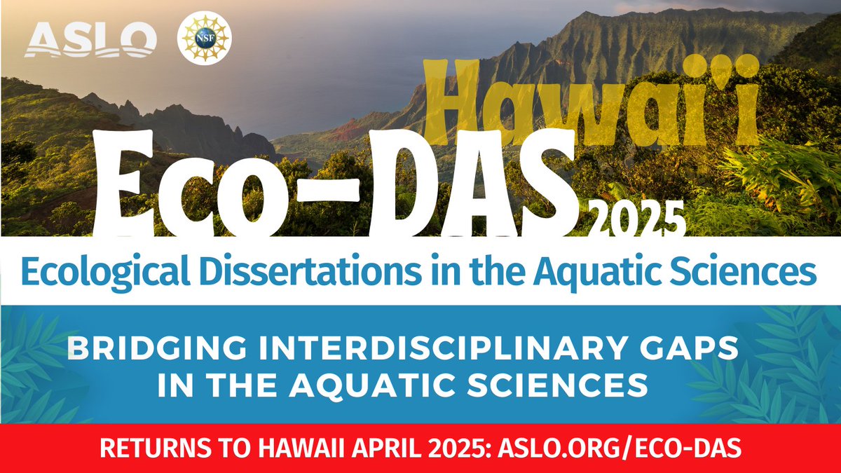 ASLO (@aslo_org) on Twitter photo 🌊🏄♀️🌅 Eco-DAS XVI returns to Honolulu, Hawai`i in April 2025! The application deadline for recent or soon to be PhD graduates in the #aquaticsciences is 15 Dec 2024. To check eligibility and submit your application, please visit:
aslo.org/eco-das/eco-da…
#ASLO <a href="/NSF/">U.S. National Science Foundation</a> 🌊🏄♀️🌅 Eco-DAS XVI returns to Honolulu, Hawai`i in April 2025! The application deadline for recent or soon to be PhD graduates in the #aquaticsciences is 15 Dec 2024. To check eligibility and submit your application, please visit:
aslo.org/eco-das/eco-da…
#ASLO <a href="/NSF/">U.S. National Science Foundation</a>