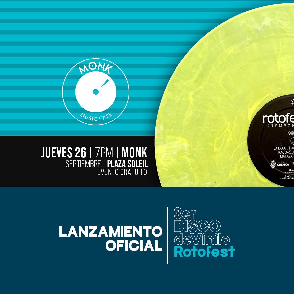 Rotofest's tweet photo. ESTA NOCHE !
Es un honor para nosotros invitarles al evento especial por el Lanzamiento Oficial de nuestro 3er DISCO DE VINILO.
🗓️ Jueves 26 de Septiembre / 7PM
📍 MONK (Plaza Soleil / Puertas del Sol)
🎟️ Evento Gratuito
#Rotofest #DiscodeVinilo #Vinilo #Monk https://t.co/eHPnvej7dE