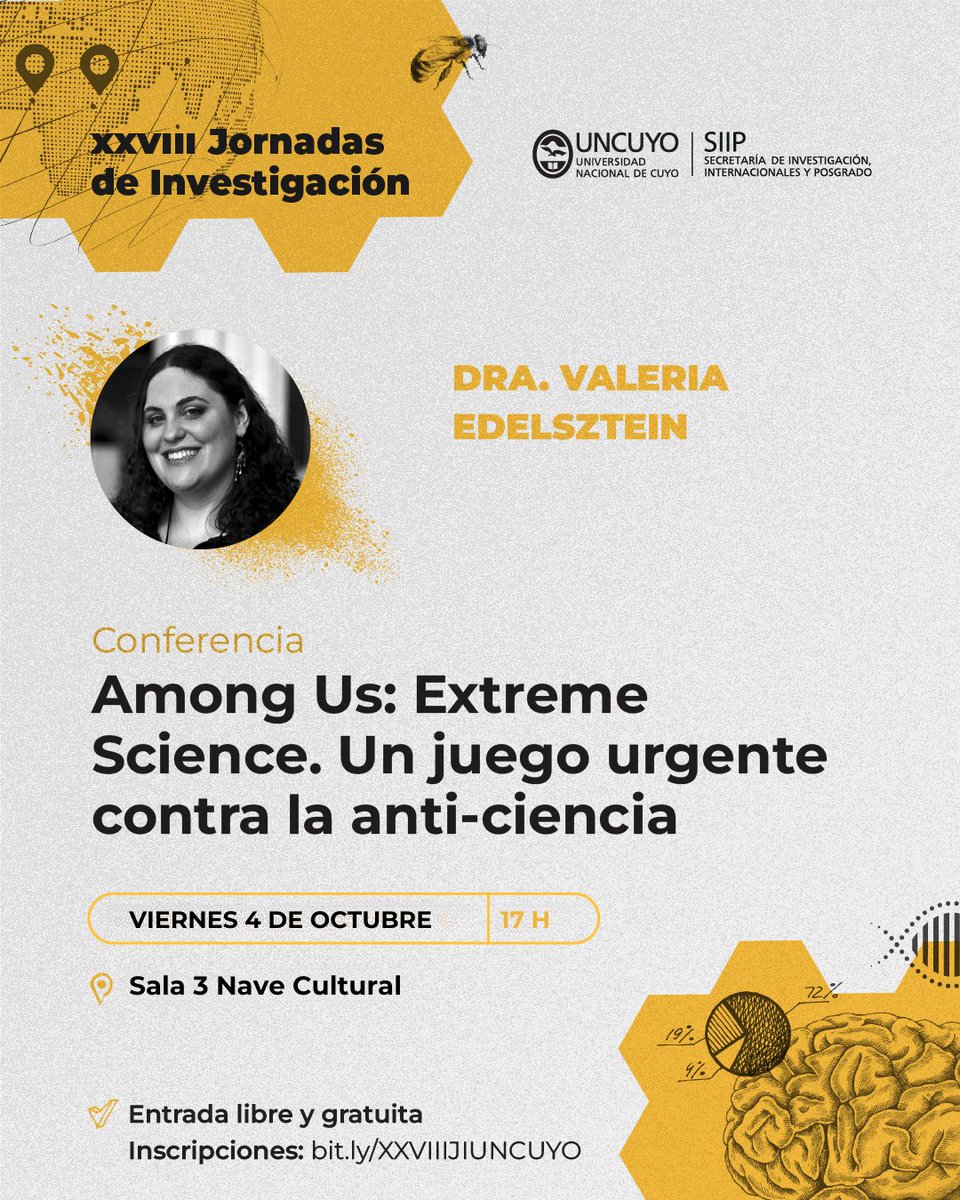 SIIP_UNCUYO's tweet photo. Se vienen las XXVIII Jornadas de Investigación de la @UNCUYO. Cuatro días llenos de oportunidades para conocer la labor científica de la universidad. 

¡Con invitados de renombre te esperamos a nuestras conferencias! Entrada libre y gratuita, inscribite en https://t.co/n2PGILN4Jt https://t.co/LLeetMGEUs