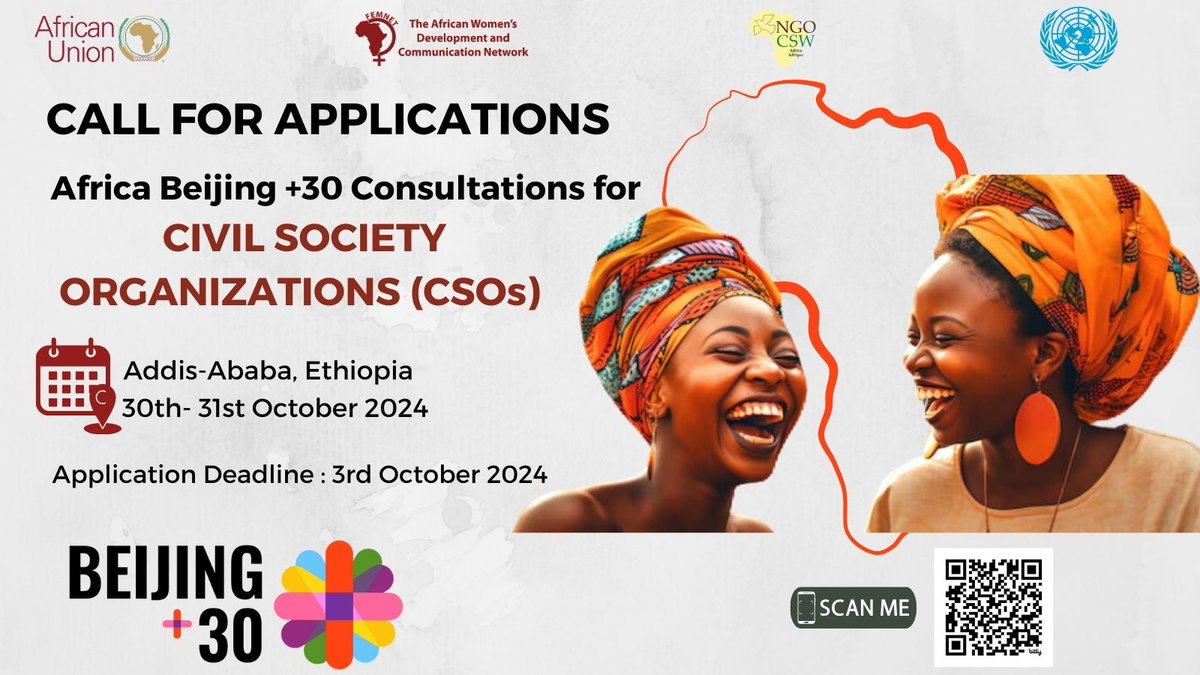 FemnetProg's tweet photo. 📢Calling on all civil society organizations to apply  for the Africa Beijing+30  Consultations!

English: https://t.co/lD23QGvHVk 
French: https://t.co/OvRIggp9tK 
Portuguese: https://t.co/zOTtjHKmgb 
Arabic: https://t.co/I3VpfjEwcO 

#AfricaBeijing30 #Beijing30 https://t.co/92kDKMTnxN