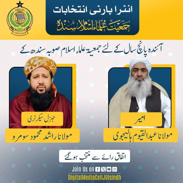 سکھر: جمعیۃ علماء اسلام صوبہ سندھ کے انتخابات
جمعیۃ علماء اسلام کے مرکزی ناظم انتخابات مولانا 
عطاء الحق درویش صاحب اور مرکزی معاونین کی نگرانی میں مکمل ہوگئے
آئندہ پانچ سال کیلئے اتفاق رائے سے مولانا عبد القیوم ہالیجوی صاحب امیر اور  مولانا راشد محمود سومرو صاحب ناظم عمومی منتخب