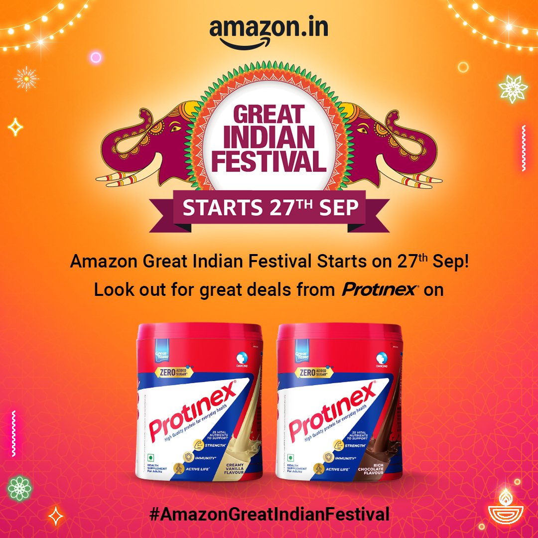 ProtinexIndia's tweet photo. Amazon Great Indian Festival starts on 27th September!
Look out for great deals from Protinex on Creamy Vanilla and Rich Chocolate flavours.

#AmazonGreatIndianFestival #Protinex #Protein #Strength #HealthyMind #HealthyBody #ProtinexHaiTohMumkinHai https://t.co/a7VO21LjqR