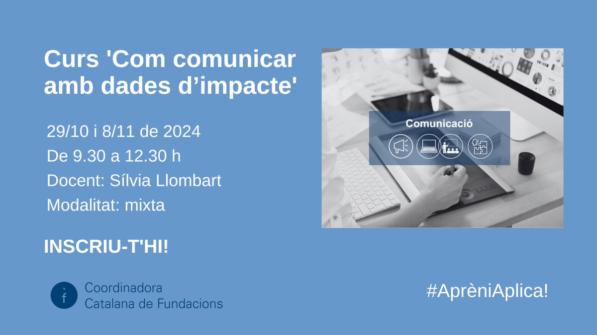 Coordinadora Catalana de Fundacions (@ccfundacions) on Twitter photo 🗓️AGENDA! Vols conèixer les claus per comunicar les dades d'impacte de la teva fundació?
📌En parlarem el 29 d'octubre i el 8 de novembre de la mà de <a href="/sllombart/">Silvia Llombart</a> (@lasembraC)!
✍️Inscriu-t'hi! * Aforament limitat
👉 shorturl.at/zNgu2
#Comunicació #FormacióCCF #Aprèniaplica 🗓️AGENDA! Vols conèixer les claus per comunicar les dades d'impacte de la teva fundació?
📌En parlarem el 29 d'octubre i el 8 de novembre de la mà de <a href="/sllombart/">Silvia Llombart</a> (@lasembraC)!
✍️Inscriu-t'hi! * Aforament limitat
👉 shorturl.at/zNgu2
#Comunicació #FormacióCCF #Aprèniaplica