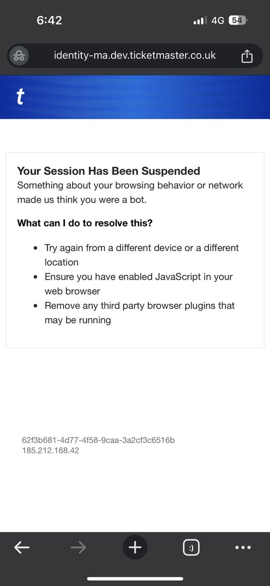 ruchisogani's tweet photo. @TicketmasterCS @TicketmasterUK 
Keep getting this message when I’m trying to open the website, wtf! 🫤 https://t.co/owKeyH0ujn