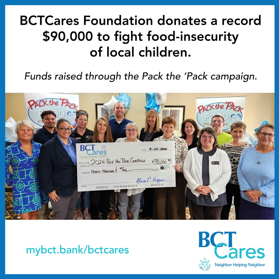 Potomac_Bank's tweet image. BCTCares Foundation presented $90,000 to charity partners to fight childhood food-insecurity.  These funds were collected during our annual Pack the 'Pack campaign. To read the press release about this announcement, visit here:  mybct.bank/bctcares-found…

#BCTCommunity #stophunger