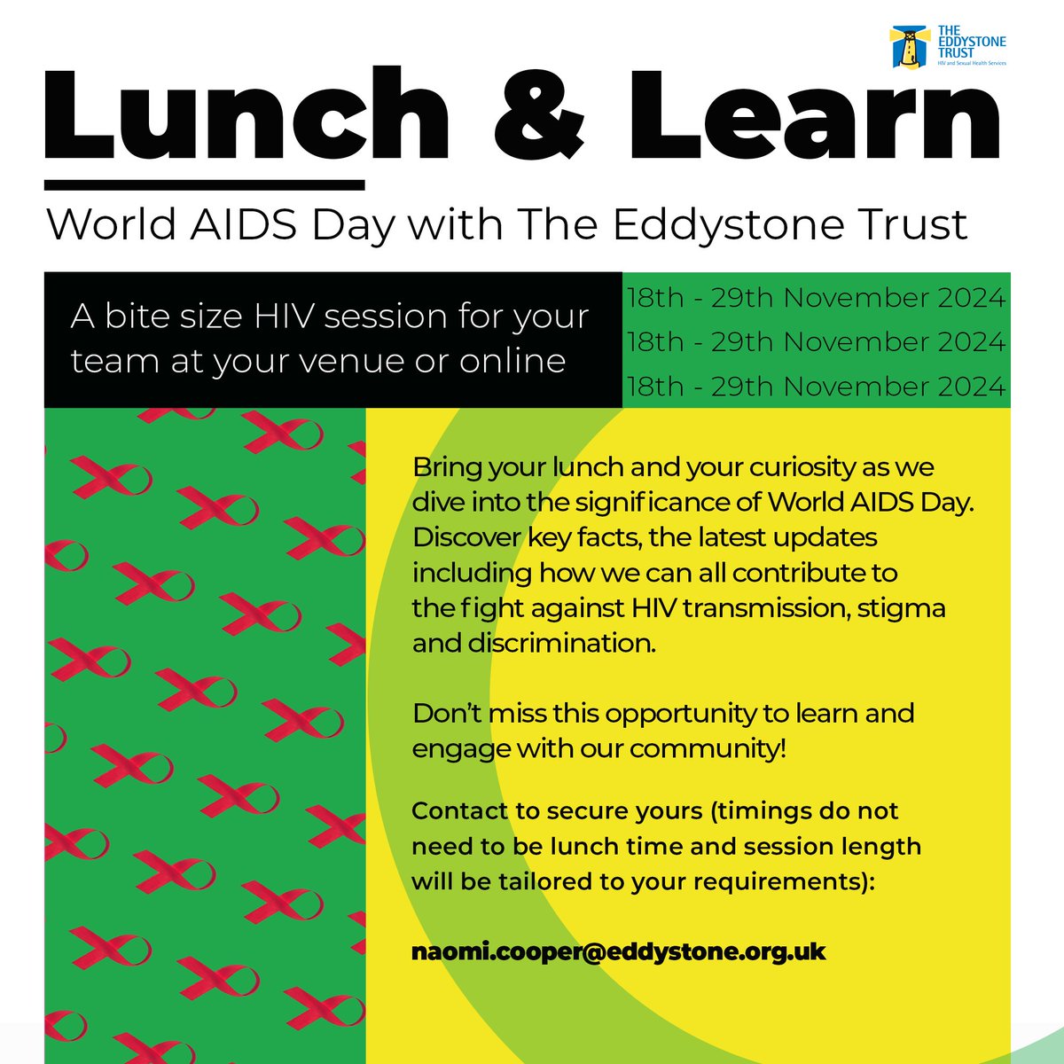 The Eddystone Trust (@eddystonetrust) on Twitter photo Join us for a Lunch & Learn this World AIDS Day! 🗓️ From 18th - 29th Nov, get bite-sized HIV awareness sessions for your team. Learn how we can fight against HIV transmission & stigma. Book now: naomi.cooper@eddystone.org.uk#WorldAIDSDay #EndStigma #HIVAwareness Join us for a Lunch & Learn this World AIDS Day! 🗓️ From 18th - 29th Nov, get bite-sized HIV awareness sessions for your team. Learn how we can fight against HIV transmission & stigma. Book now: naomi.cooper@eddystone.org.uk#WorldAIDSDay #EndStigma #HIVAwareness