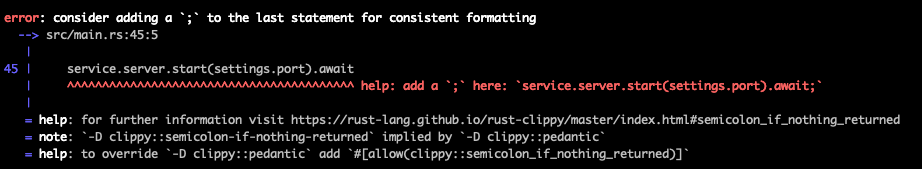 So, this is fun. <a href="/Rust/">Ruben Steeman</a> nightly has started giving me conflicting #Clippy warnings...
If the very last statement of my main method has a semicolon, I get one lint error. If I remove the semicolon, I get a different lint error on the same line!