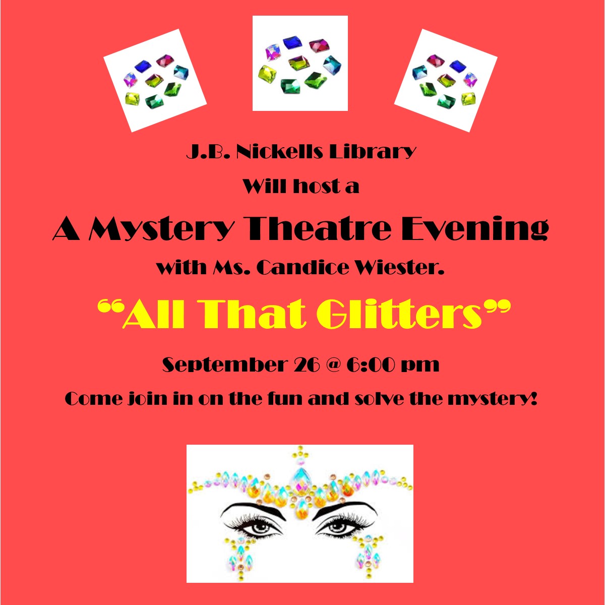 LulingPbLibrary's tweet image. TONIGHT at 6 PM!
We still have a couple spots available to participate - call or come by ASAP before it fills up! 
Be a detective and solve the crime! #mysterytheatre #iloveagoodmystery #letsplayclue #solvethemystery #lulingtexas #lulingpubliclibrary