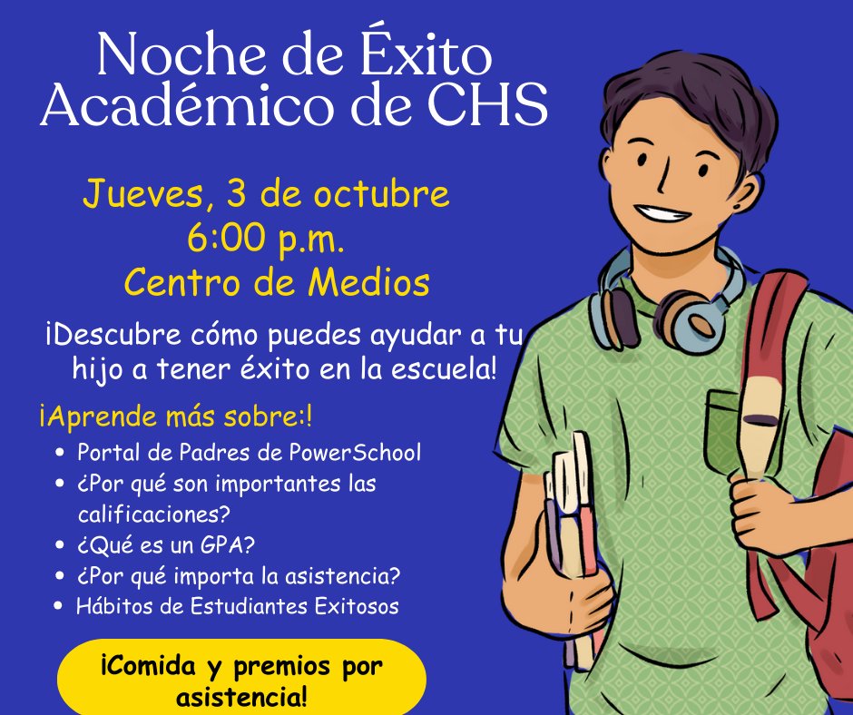 Please join us for our CHS Academic Success Night on Thursday,  October 3rd at 6pm.  Come find out how to increase your student's academic success here at Cummings High School.  Second to None!