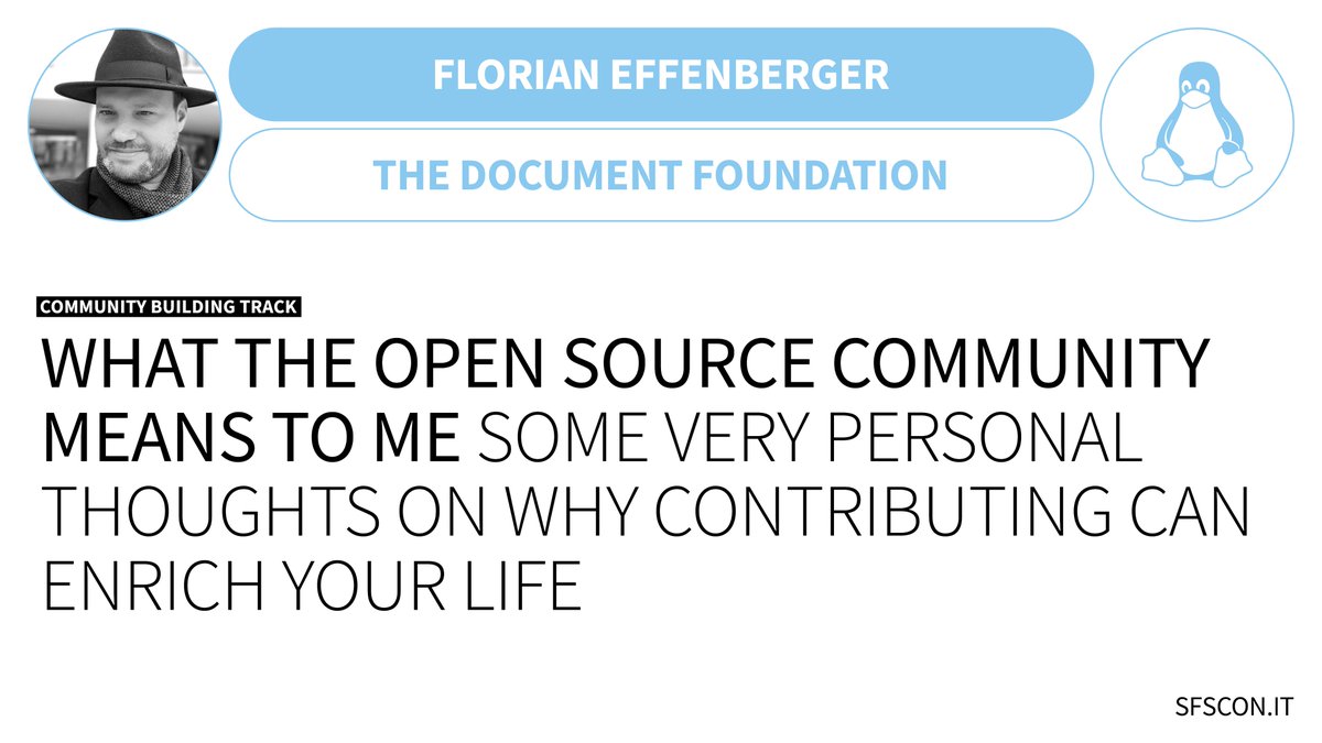 SFSCON (@sfscon) on Twitter photo 🗣️ Florian Effenberger (<a href="/floeff/">Florian Effenberger</a>) from <a href="/tdforg/">Document Foundation</a> will present "What the open source community means to me" at #SFSCON24.
📌 sfscon.it/talks/what-the…
🎫 Join & register for free: sfscon.it
#SFSCON #NOITechpark 🗣️ Florian Effenberger (<a href="/floeff/">Florian Effenberger</a>) from <a href="/tdforg/">Document Foundation</a> will present "What the open source community means to me" at #SFSCON24.
📌 sfscon.it/talks/what-the…
🎫 Join & register for free: sfscon.it
#SFSCON #NOITechpark