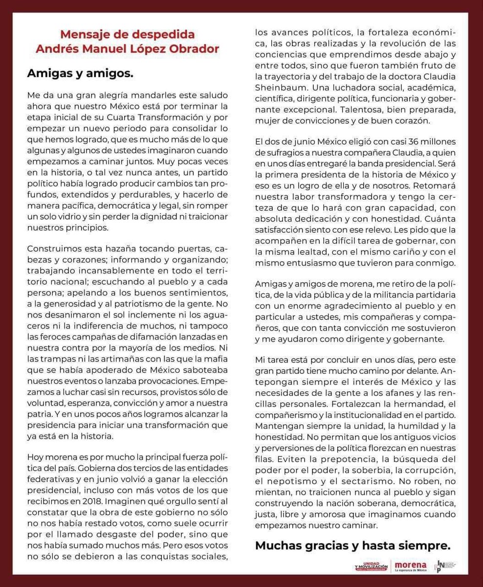 Mensaje de despedida de AMLO