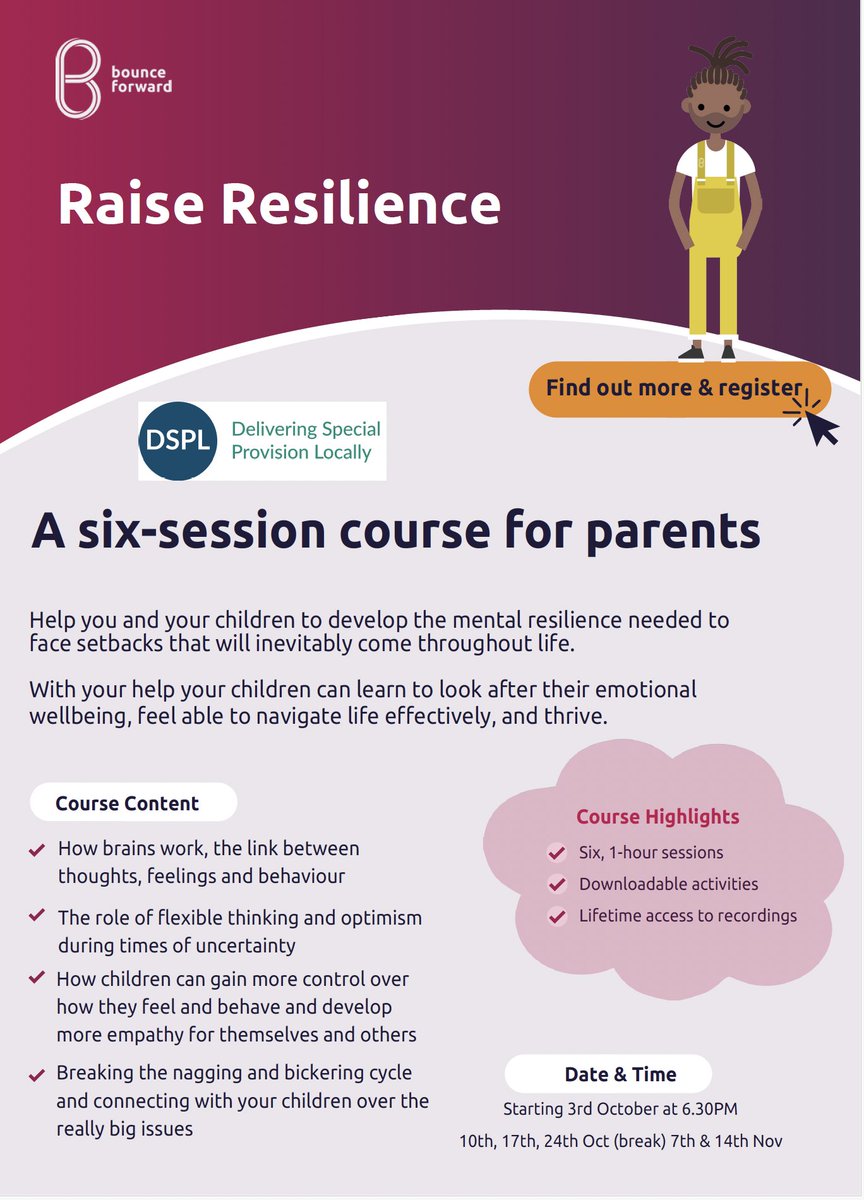 **Calling all parents in Dacorum** 
⭐ FREE Raise Resilience course ⭐ Fully funded by DSPL8 Dacorum 

Starting on 3rd October at 6.30 

Register here before it is too late

ow.ly/PWSJ50Tcqoj