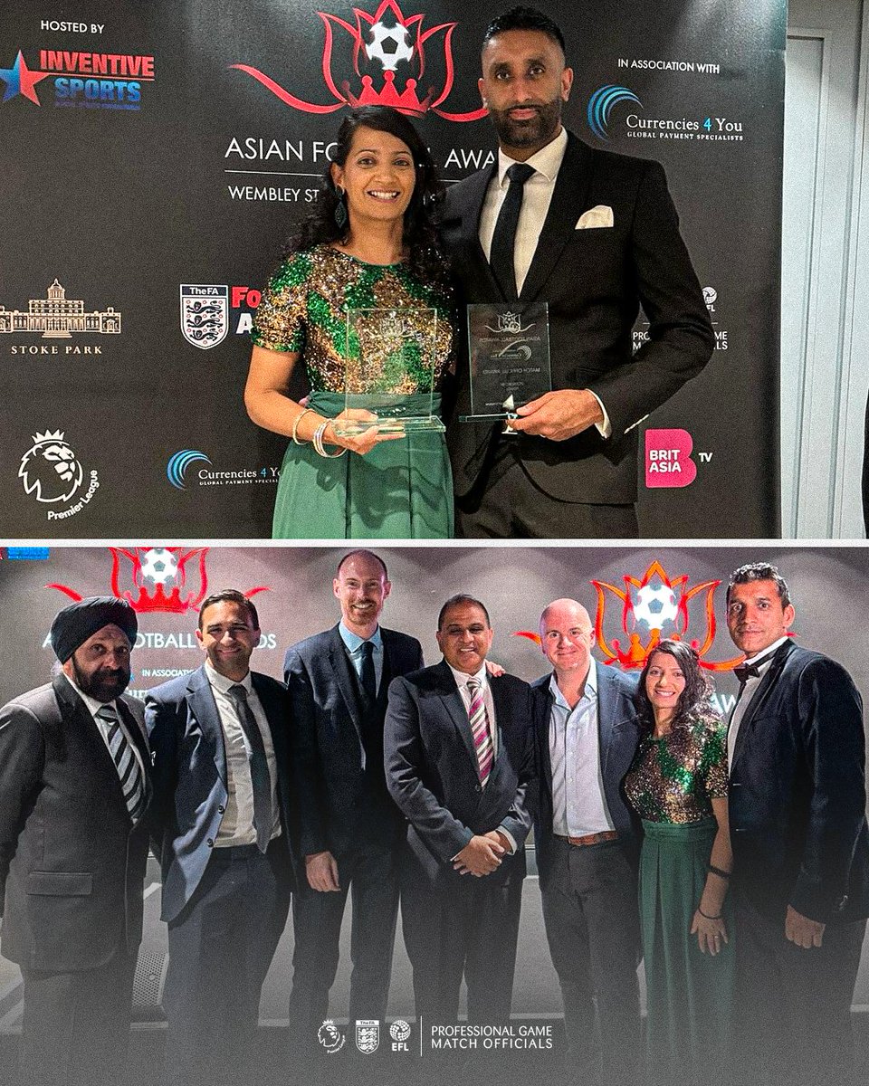 prorefofficial's tweet photo. Congratulations to Sunny Singh Gill and Rashpal Shergill who were deserved winners at the @AFootballAwards.

Sunny was the recipient of the inaugural ‘Match Official of the Year’ award while Rashpal was acknowledged with a special recognition award for her ‘Voluntary Services to Officiating’. 

Congratulations to all other nominees - we were proud to support a brilliant event 🙌