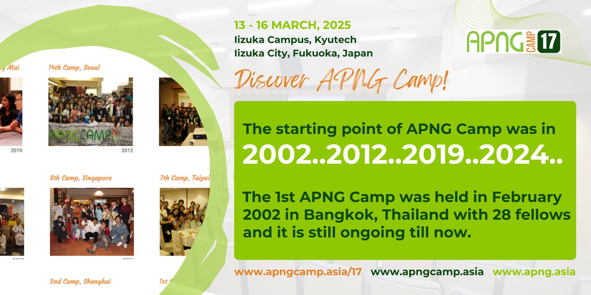 APNG_Asia's tweet image. - The starting point of APNG Camp was in 2002.
- The 1st APNG Camp was held in February 2002 in Bangkok, Thailand with 28 fellows &amp;amp; it is still ongoing till now.
apngcamp.asia/17
apngcamp.asia
apng.asia

#InternetCommunity
#APNGCAMP17
#APNGCamp2025