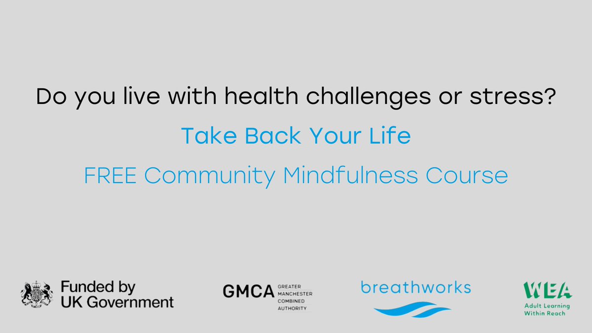 Adapt & Live (@adaptandlive) on Twitter photo Manchester-based charity <a href="/BreathworksMind/">Breathworks</a> provides a free mindfulness course for anyone who lives in Salford with a health condition, looking to get back into work.
Every Thursday from the 3rd - 24th October at 1.30pm until 4pm.
Find out more: form.jotform.com/BreathworksUK/… Manchester-based charity <a href="/BreathworksMind/">Breathworks</a> provides a free mindfulness course for anyone who lives in Salford with a health condition, looking to get back into work.
Every Thursday from the 3rd - 24th October at 1.30pm until 4pm.
Find out more: form.jotform.com/BreathworksUK/…