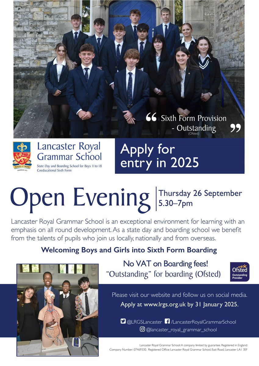 LRGSLancaster's tweet photo. Join us this evening to find out more about our "outstanding" Sixth Form & Sixth Form Boarding.
Our Sixth Form is all about challenge, choice and care.
Over 20 A-levels. Over 40 clubs & societies
#ZeroVAT on boarding fees
@LRGSBoarding #LRGSSixthForm #PraesisutProsis https://t.co/jJwf1mYO8N