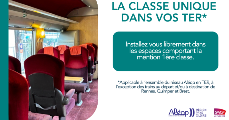 TERPays2LaLoire's tweet photo. 🚆 La région @paysdelaloire et SNCF TER Pays de la Loire vous annoncent la classe unique à bord de vos #TER. Installez-vous librement dans les espaces comportant la mention 1ère classe.

ℹ Les trains au départ/à destination de #Rennes, #Quimper et #Brest ne sont pas concernés. https://t.co/K4BlsYpfDt