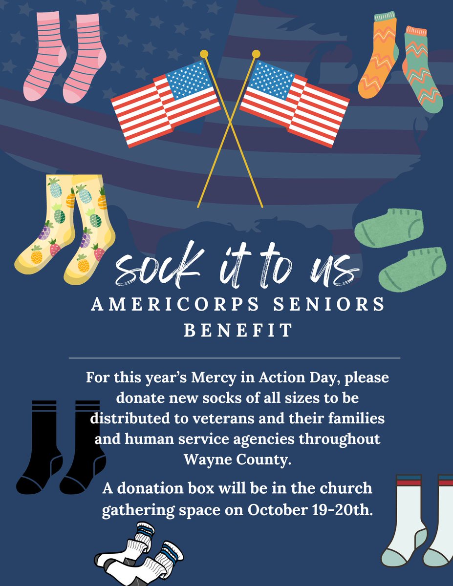 Oct. 19 is Mercy in Action Service Day! We will participate in this powerful day by collecting new socks of all sizes to be distributed to veterans, their families &amp; human service agencies throughout Wayne County. 🧦 Drop your donations in the Gathering Space on Oct. 19 &amp; 20!