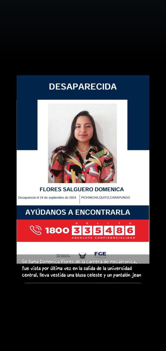 Se trata de una estudiante de Comunicación de la U.Central,  por favor difundamos su desaparición hasta que esté de nuevo con nosotros sana y salva