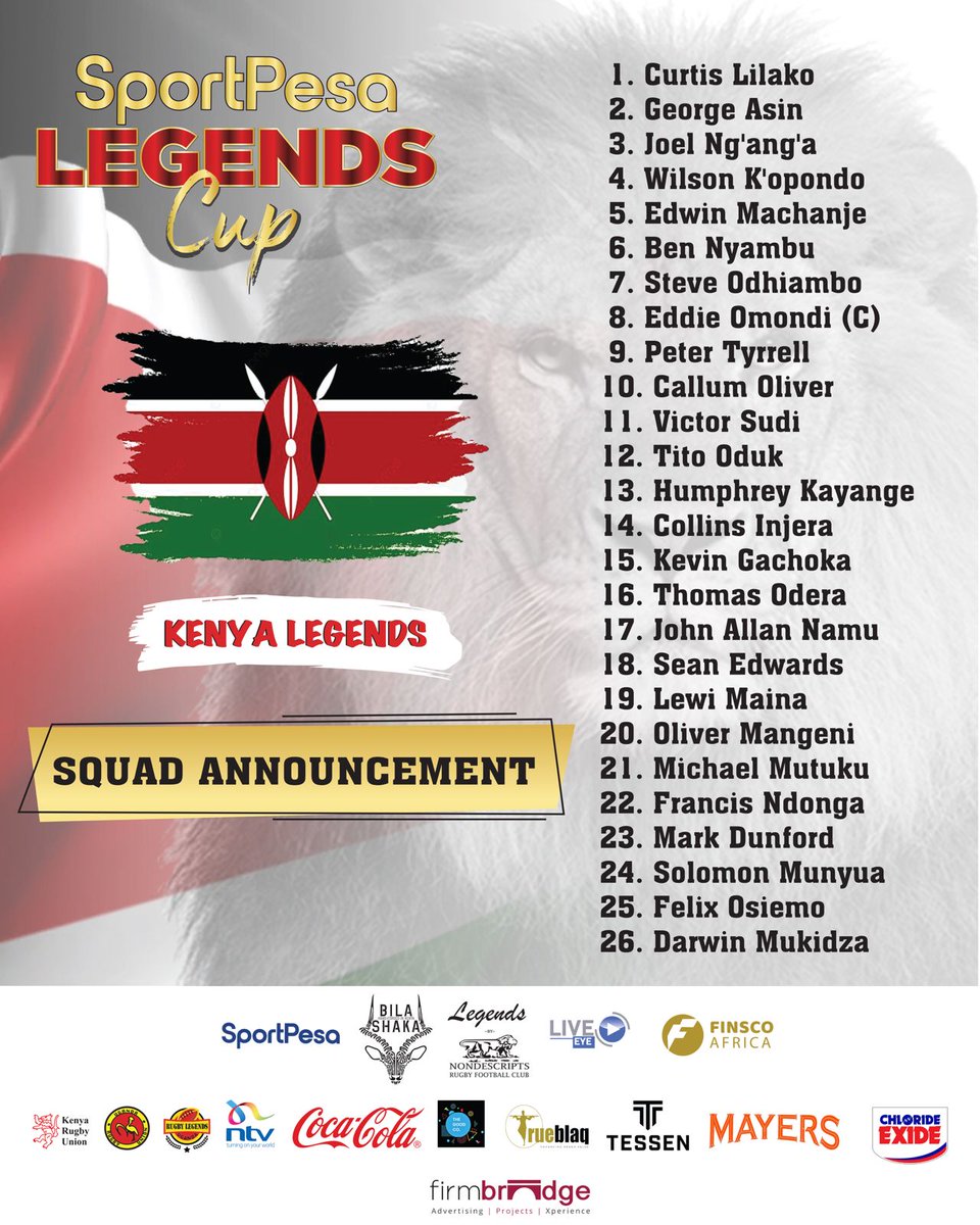 LegendsNondies's tweet photo. Here are the Legends that will be on duty against Uganda this Saturday. Have you grabbed your ticket? Do so here and come cheer on the 'boys' https://t.co/OQ3w3mxXl2 #SportPesaLegendsCup #KEvUGLegends https://t.co/C8CQvMDCJH