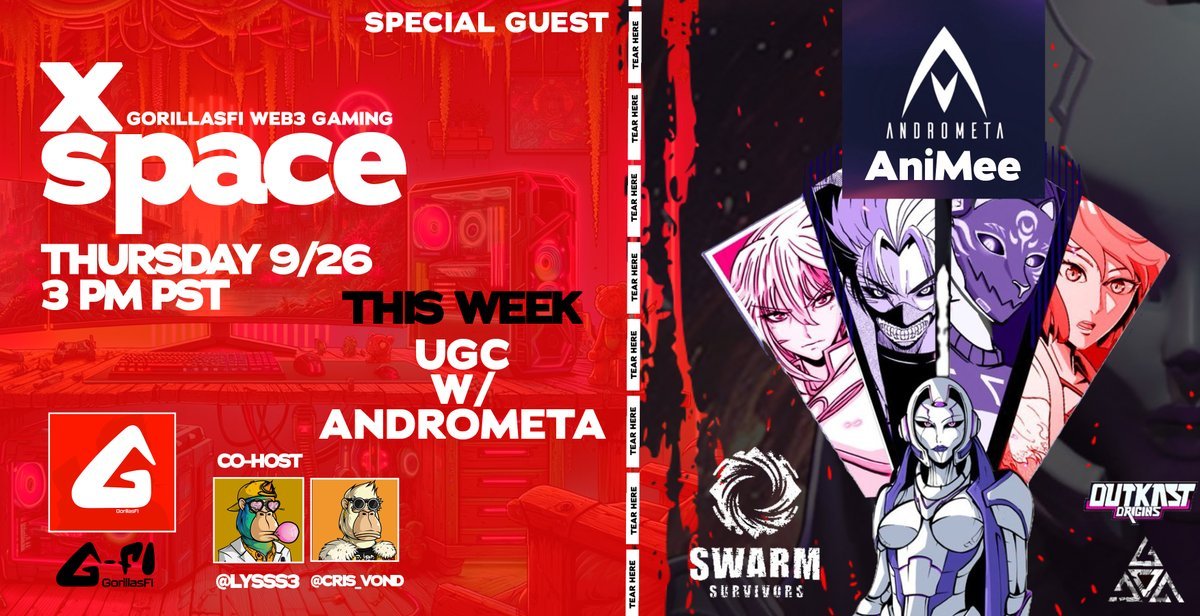 GM!

Today's <a href="/G_Fi_Official/">GorillasFi</a> Web3 Gaming Space is going to be epic! 🚨

We’ve got the team from <a href="/TheAndrometa/">Andrometa</a> and <a href="/MichaelSatoshi/">TattedLawyer.eth 🌐 Andrometa</a> joining us to dive into UGC and the awesome tools they’re building for user-generated content. 🎮🛠️

Get ready to level up your creativity! 😏 

Tune