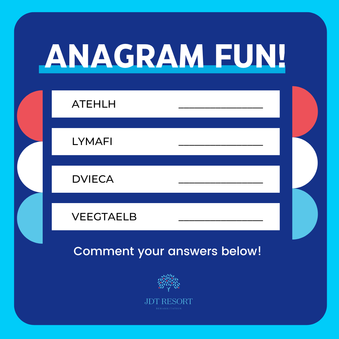 jdtmedicalrehab's tweet image. Time for some brain-boosting fun!🧠

Can you unscramble these words related to health and wellness? Drop your answers in the comments below!👇

Let&apos;s see how many you can get right!

#AnagramFun #BrainTeasers #SeniorPuzzles #MemoryTest #BrainExercise #WellnessChallenge