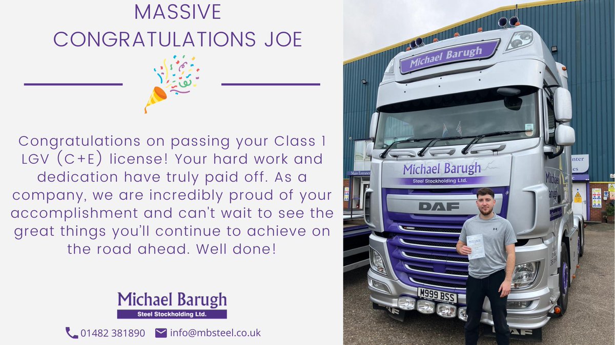 Massive congratulations, Joe, on passing your Class 1 LGV (C+E)! 🎉👏 This is a huge achievement for you, and your hard work is paying off. As a company, we’re really proud of you! 🚛💪 #WeLoveWhatWeDo #LGVSuccess #Milestone #Steel