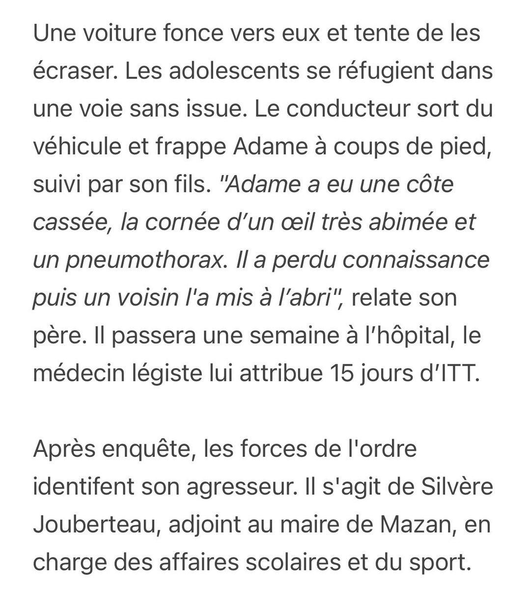 Le maire de Mazan (élu grâce au RN) qui avait eu des propos ignoble sur le procès en cours a une sacrée équipe municipale…
Un de ses adjoints a été condamné en 2021 à de la prison (sursis) pour avoir tenté d’écraser puis frapper un ado d’origine maghrébine à Carpentras. [Fr3]