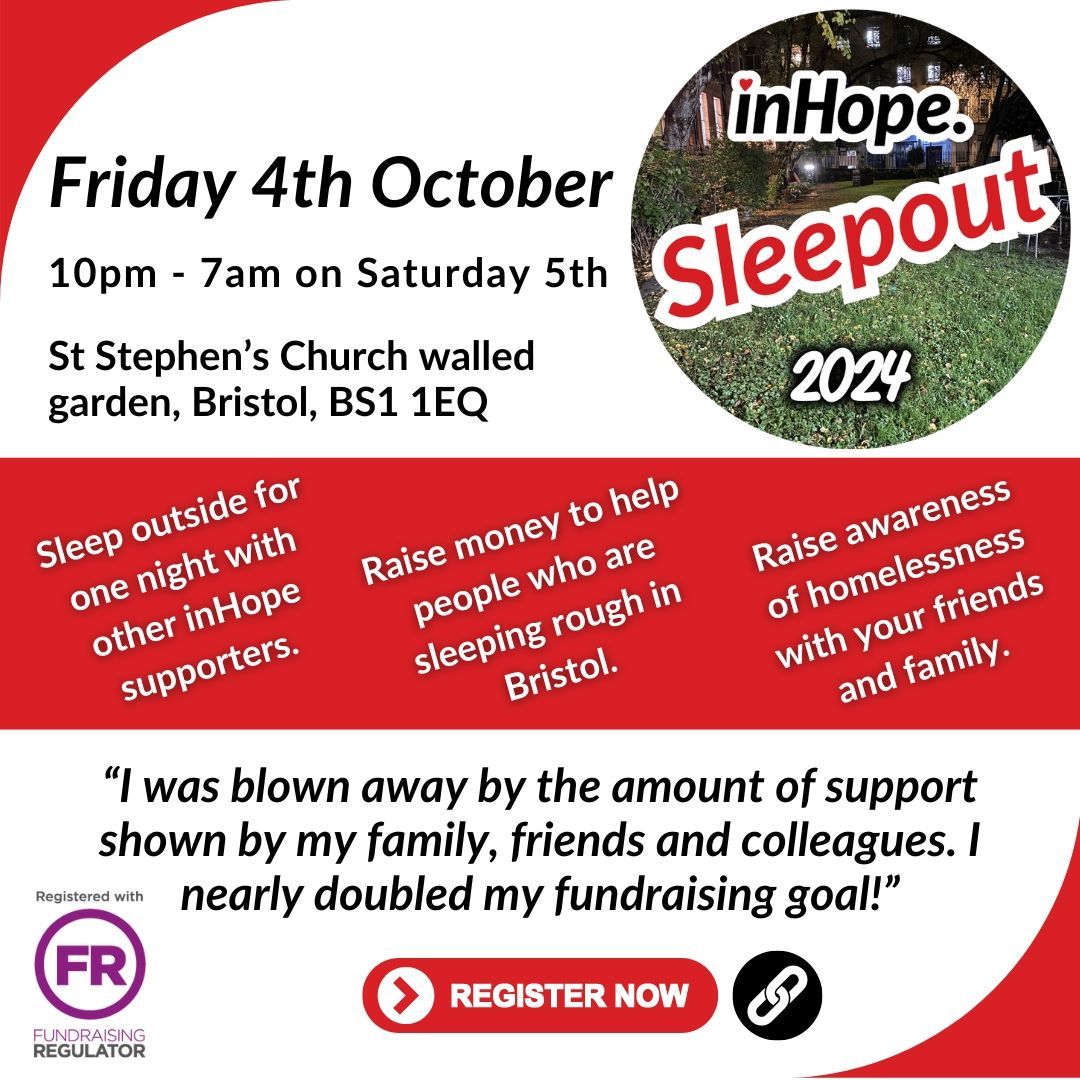 Can you imagine having no option but to sleep outside? Our services help people in Bristol who do just that. Could you join our Sleepout event next Fri 4th Oct, sleeping outside for one night and raising money for our work? Register here: buff.ly/3XvgfYE