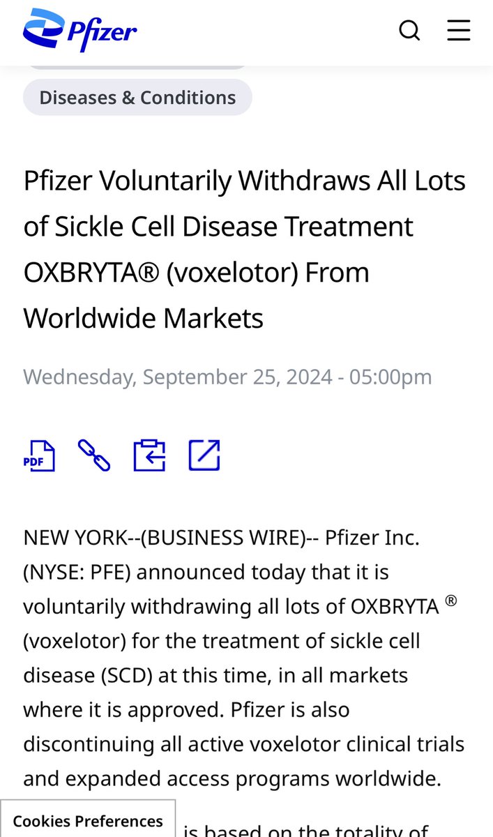 خبر صادم
أعلنت شركة فايزر اليوم سحب دواء  فوكسيليتور Voxelotor (Oxbryta) من الأسواق وإيقاف استخدامه. 

ورغم أن الشركة لم تذكر أي أسباب محددة لإيقاف هذا الدواء، إلا أن مصادر ذكرت أن دلائل تشير لزيادة احتمال حدوث وفيات مع هذا الدواء بشكل أكبر مقارنة مع العلاج الوهمي، أيضا دراسات