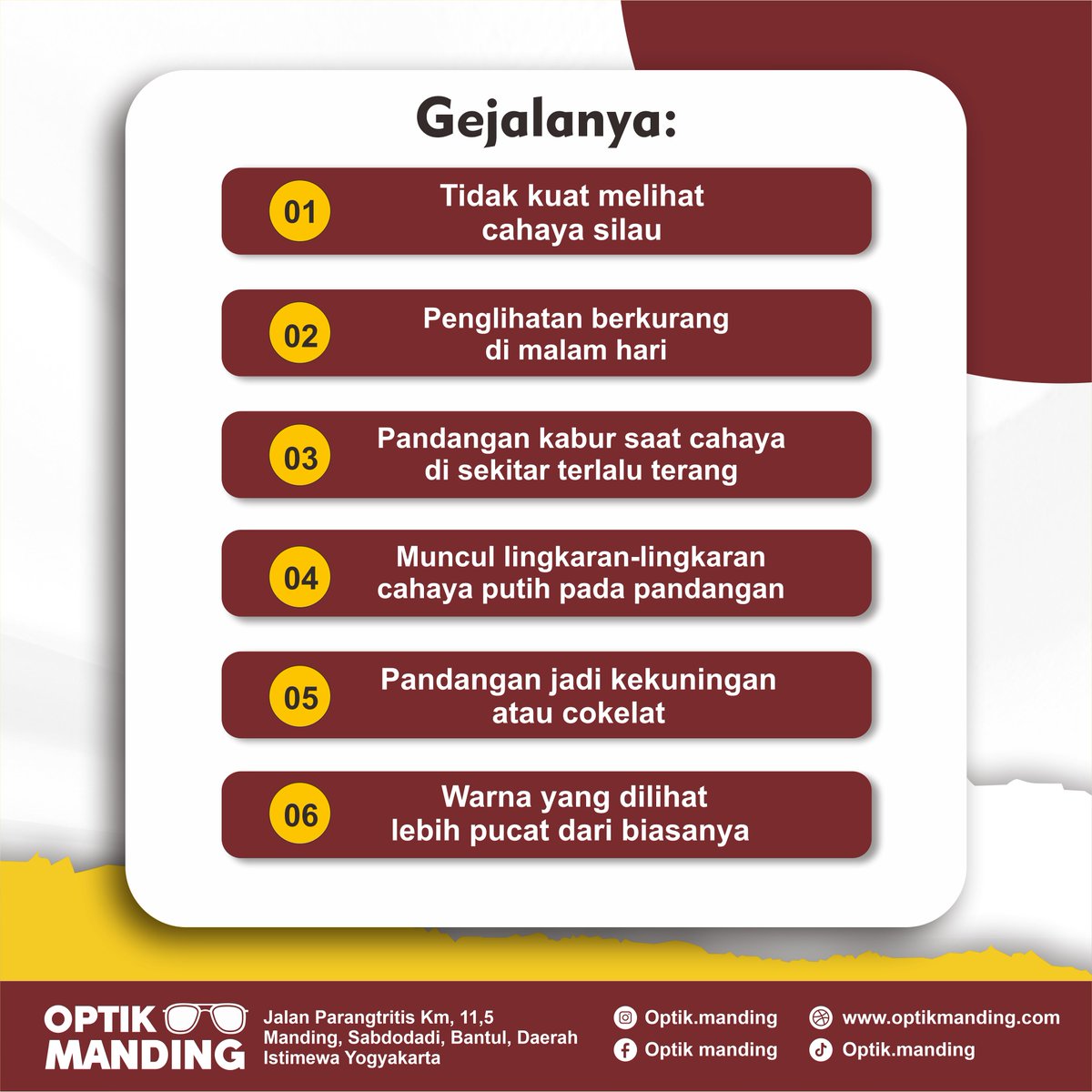 Optik_Manding's tweet photo. Lindungi matamu dari risiko katarak dengan selalu memakai kacamata hitam berkualitas saat keluar rumah! Pastikan kacamata yang kamu pilih memiliki perlindungan UV yang maksimal. Jaga kesehatan mata sejak dini, demi masa depan penglihatan yang lebih cerah. 🌞👁️ https://t.co/n0HafNLm7H