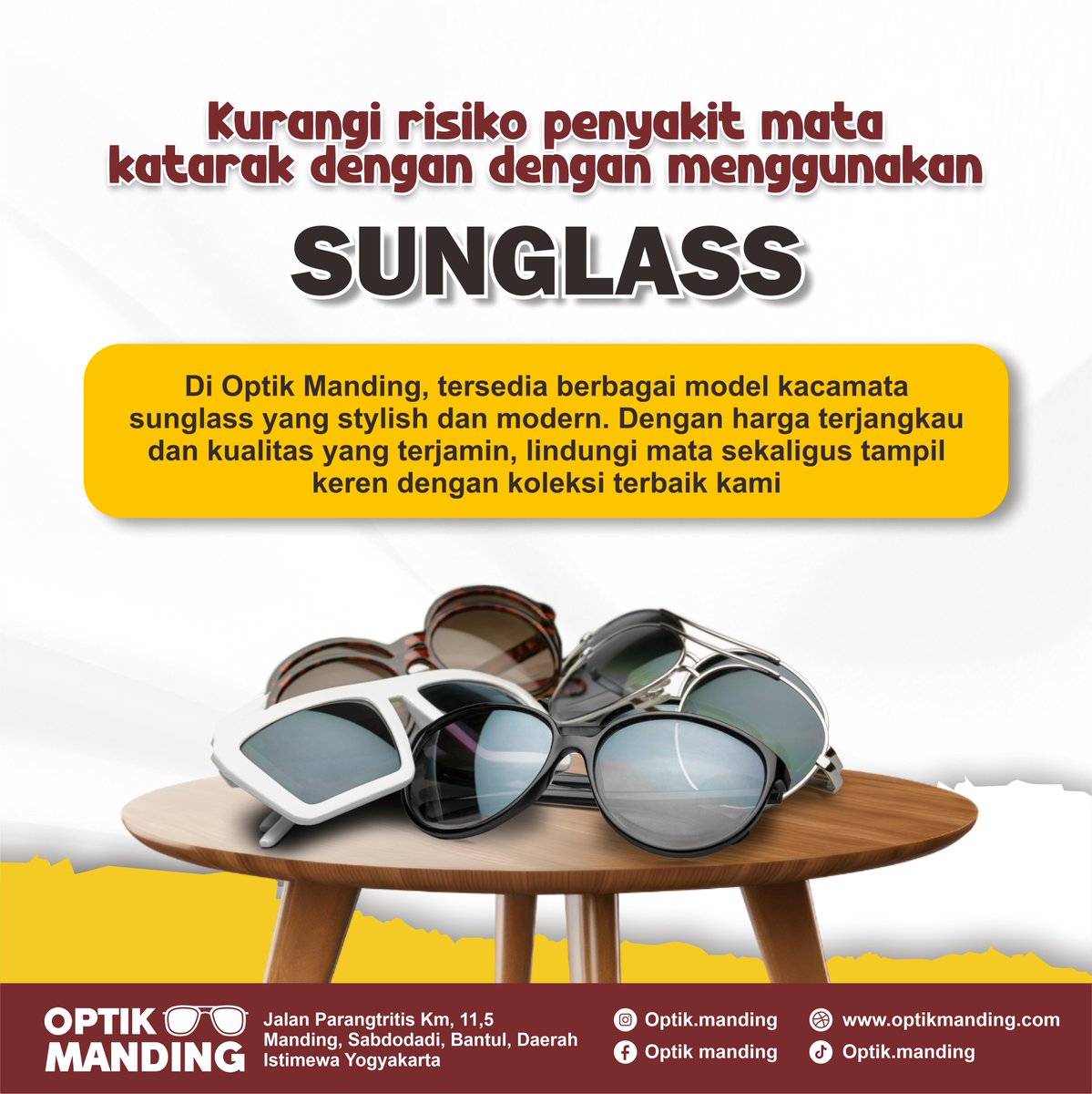 Optik_Manding's tweet photo. Lindungi matamu dari risiko katarak dengan selalu memakai kacamata hitam berkualitas saat keluar rumah! Pastikan kacamata yang kamu pilih memiliki perlindungan UV yang maksimal. Jaga kesehatan mata sejak dini, demi masa depan penglihatan yang lebih cerah. 🌞👁️ https://t.co/n0HafNLm7H