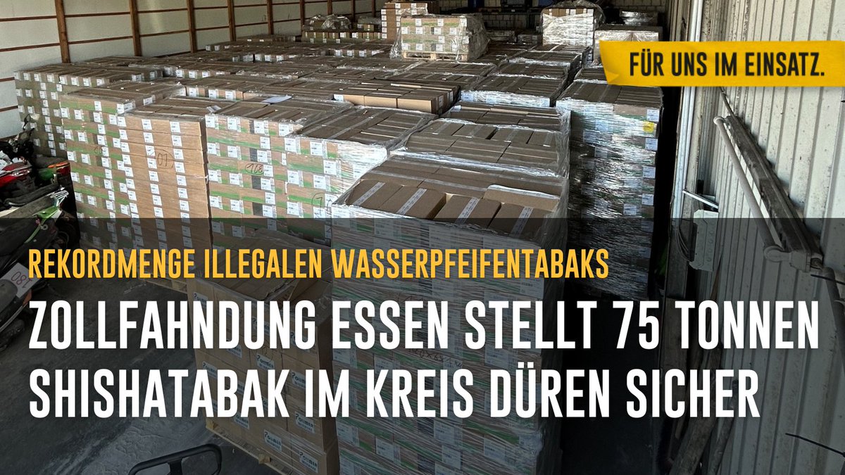 zoll_info's tweet photo. Durch die @polizei_nrw_dn wurden Einsatzkräfte des #ZFAessen zu einer Lagerhalle alarmiert.
Ergebnis der Durchsuchung: insgesamt 75 Tonnen unversteuerten #Shisha-Tabak
Steuerschaden: 3,37 Mio.€
Es handelt sich um die bislang größte Menge illegalen Wasserpfeifentabaks in 🇩🇪. https://t.co/wCM4BZ4dVT