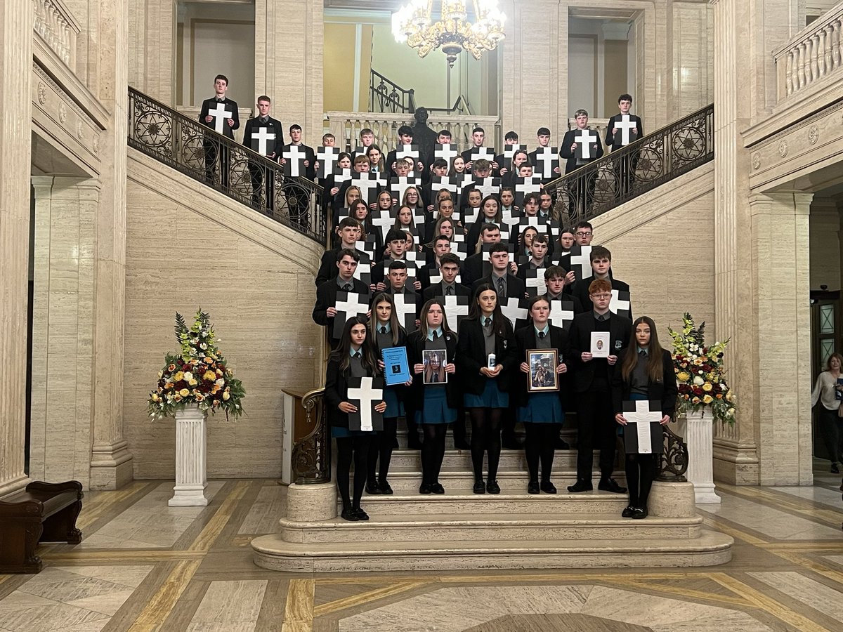 Jayne McCormack (@bbcjaynemcc) on Twitter photo A powerful message - students from St Ciaran’s College Ballygawley at Stormont to deliver crosses to the Infrastructure Minister <a href="/JohnODowdSF/">John O' Dowd</a> - representing the 54 lives killed on the A5 since 2007 A powerful message - students from St Ciaran’s College Ballygawley at Stormont to deliver crosses to the Infrastructure Minister <a href="/JohnODowdSF/">John O' Dowd</a> - representing the 54 lives killed on the A5 since 2007
