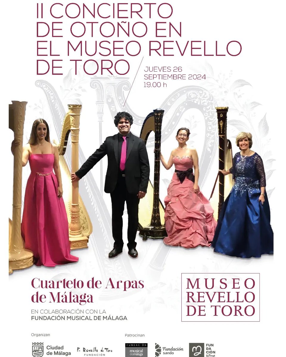 Fundación Sando (@pensandoenrsc) on Twitter photo Hoy os invitamos a disfrutar en el <a href="/MuseoRevello/">MuseoRevellodeToro</a> del II Concierto de Otoño en el que tocará el Cuarteto de Arpas de Málaga.
📅A las 19 horas
🎟️ En el patio del espacio expositivo con entrada libre
#Cultura #Musica #RSC #ESG <a href="/FundacionPimpi/">Fundación El Pimpi - Soles de Málaga</a> Hoy os invitamos a disfrutar en el <a href="/MuseoRevello/">MuseoRevellodeToro</a> del II Concierto de Otoño en el que tocará el Cuarteto de Arpas de Málaga.
📅A las 19 horas
🎟️ En el patio del espacio expositivo con entrada libre
#Cultura #Musica #RSC #ESG <a href="/FundacionPimpi/">Fundación El Pimpi - Soles de Málaga</a>