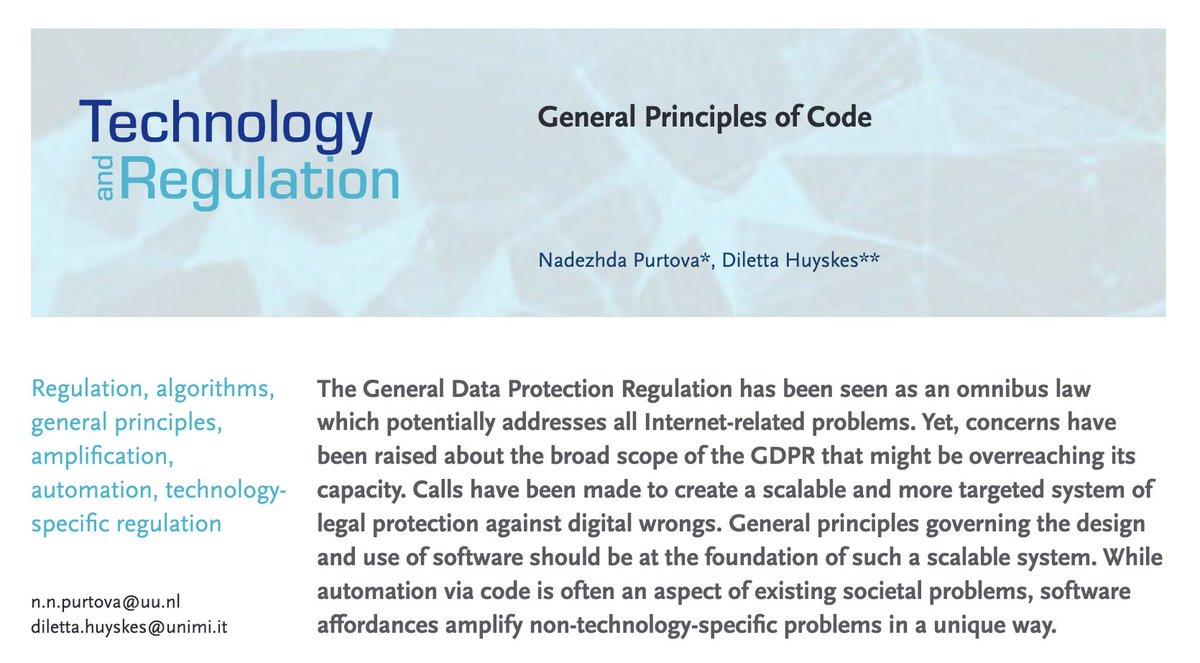 diletta huyskes (@dilettahuyskes_) on Twitter photo I am SO late for this, but recently my first co-authored scientific paper came out and it was a big moment! I was lucky enough to work with <a href="/Nadya_Purtova/">Nadya Purtova gone to the other place</a> who taught me a lot while I was in Utrecht. You can access āGeneral Principles of Codeā here š
techreg.org/article/view/1⦠I am SO late for this, but recently my first co-authored scientific paper came out and it was a big moment! I was lucky enough to work with <a href="/Nadya_Purtova/">Nadya Purtova gone to the other place</a> who taught me a lot while I was in Utrecht. You can access āGeneral Principles of Codeā here š
techreg.org/article/view/1ā¦