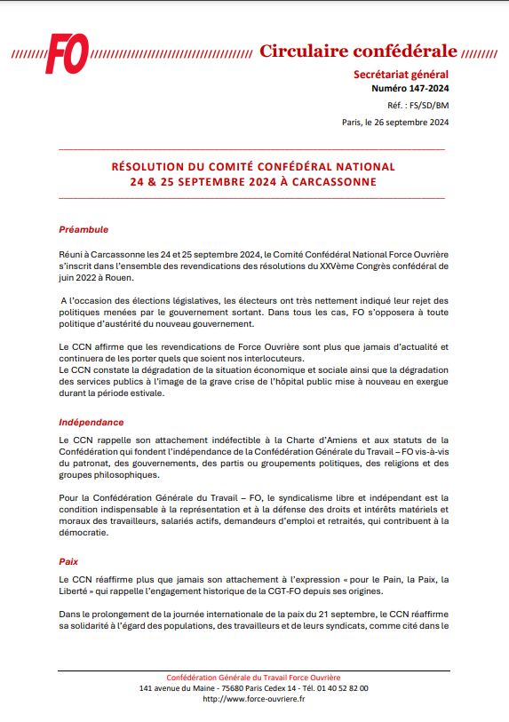 force_ouvriere's tweet image. [#Résolution CCN] Réuni à Carcassonne les 24&amp;amp;25 septembre, le #CCN affirme que #ForceOuvrière continuera de porter ses revendicat° quels que soient ses interlocuteurs. Ds tous les cas, FO s’opposera à toute politique d’#austérité du nouveau gouvernement.
&amp;gt;&amp;gt;force-ouvriere.fr/resolution-du-…