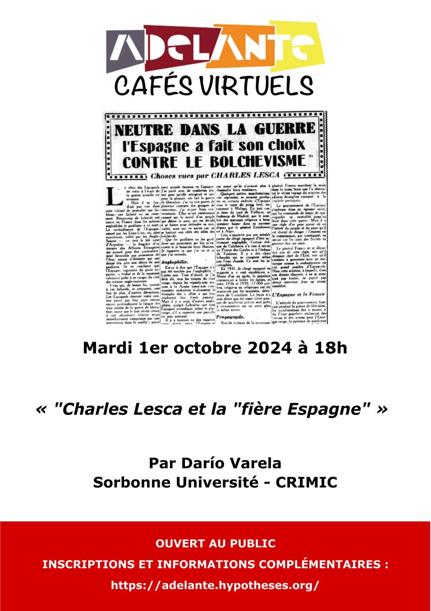 Cher réseau, vous êtes tous les bienvenus pour écouter mon intervention chez <a href="/Adelante1936/">Adelante</a> le mardi 1er octobre! Il sera question de la circulation des idées réactionnaires et des liens entre le journaliste fasciste Charles Lesca et l'Espagne franquiste!