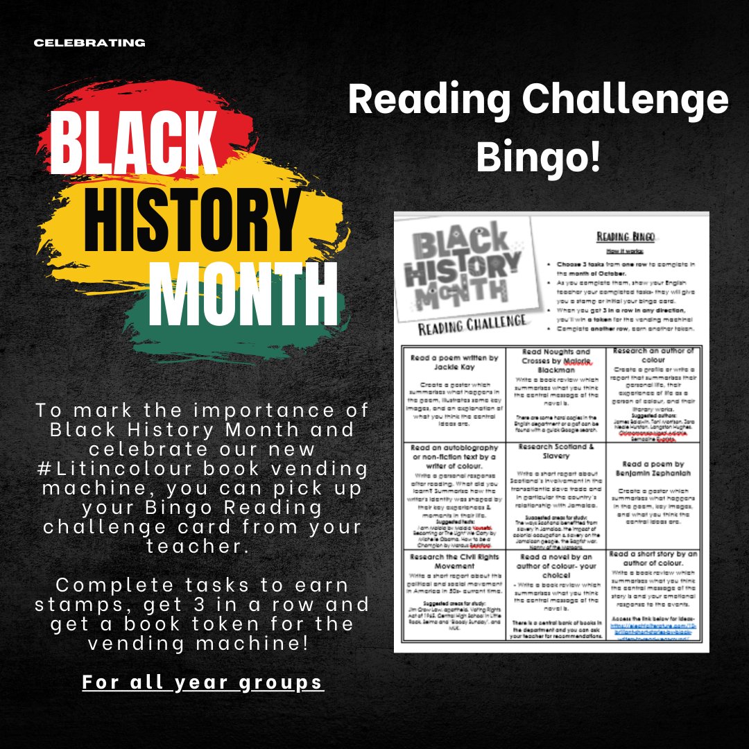 Linlithgow Academy English (@linacenglish) on Twitter photo To mark #BlackHistoryMonth at <a href="/Linlithgow_Acad/">Linlithgow Academy</a>, we invite all year groups to participate in a Bingo reading challenge- get a bingo card from your English teacher on the 1st of October, complete 3 tasks & earn a token for our <a href="/PenguinUKBooks/">Penguin Books UK</a> vending machine! #litincolour To mark #BlackHistoryMonth at <a href="/Linlithgow_Acad/">Linlithgow Academy</a>, we invite all year groups to participate in a Bingo reading challenge- get a bingo card from your English teacher on the 1st of October, complete 3 tasks & earn a token for our <a href="/PenguinUKBooks/">Penguin Books UK</a> vending machine! #litincolour