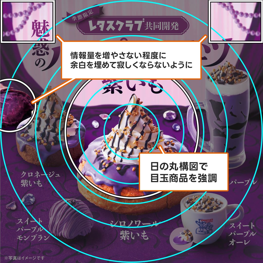 n_k_d3's tweet photo. #デザイン分析
シロノワール紫芋などの文字も調整されていて文字組の勉強になります。
商品をアクセントカラーに持ってきてるのすごくおしゃれだなと思いました。

※個人的分析なので正解というわけではありません。 https://t.co/KXqMSkO17z