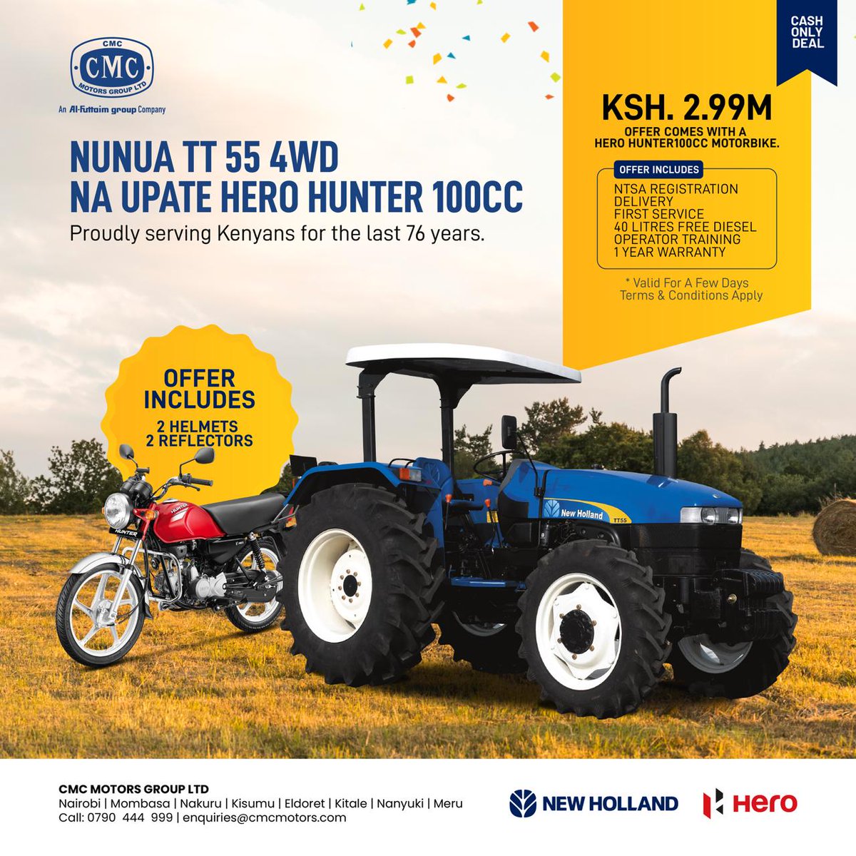 newhollandcmc's tweet photo. Pata TT55 4WD kwa Ksh. 2.99M tu na upate 100cc Hero Hunter bike juu ya hiyo!
Call 0790444999 sasa hivi ugrab hii offer.
#CMCMotors #NewHolland #TTSeries #ukulimaniNewHolland #GOATtractorinKenya #undisputedleaderfor76years #affordableprices #solidtechnology #foodsecuritynilazima https://t.co/SGoaVapAeG