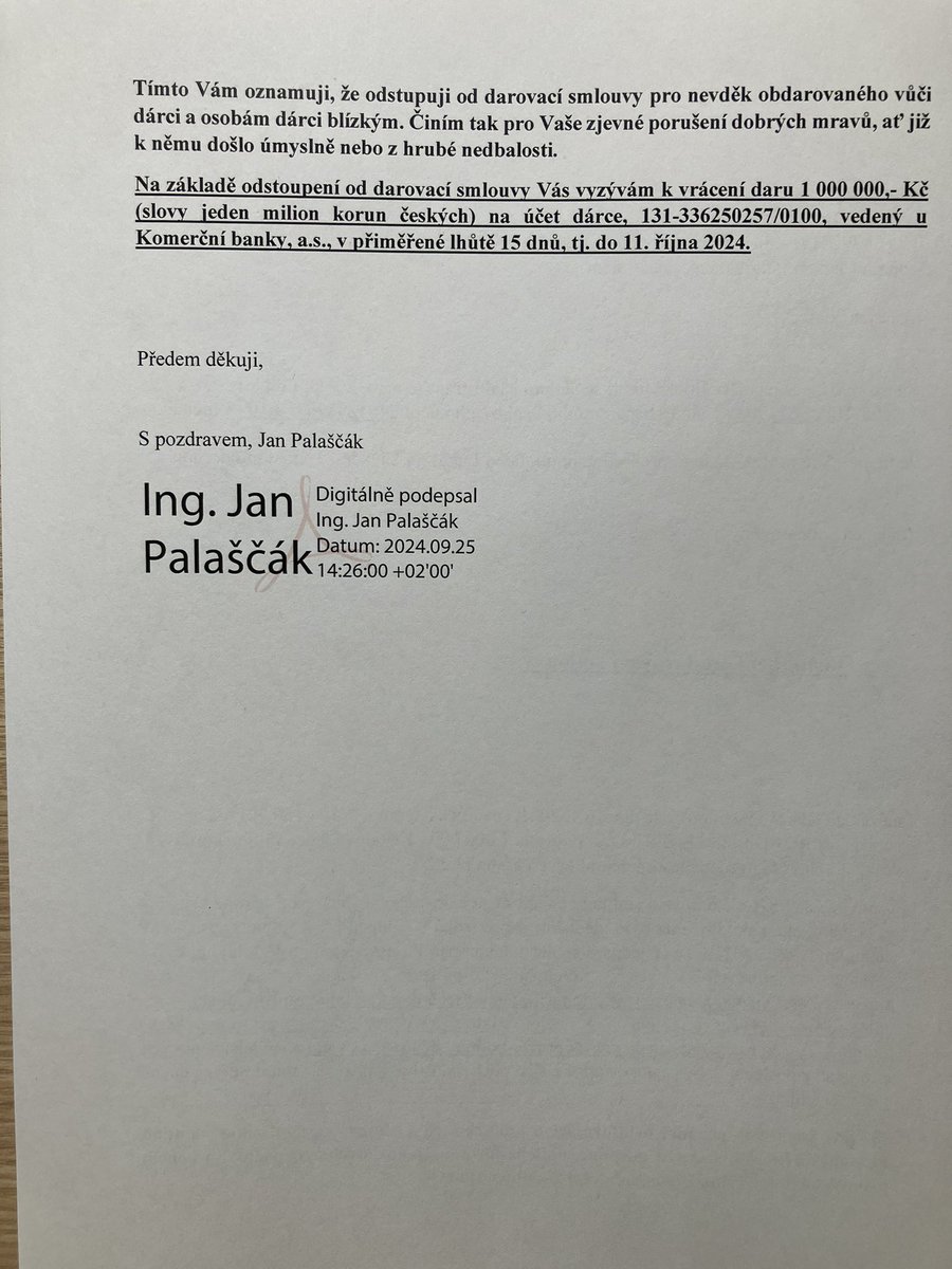 jan_palascak's tweet photo. Ani po formalizovaném dotazu mi od @STANcz nepřišla žádná odpověď, co udělali s milionovým darem v minulé sněmovní kampani #pirstan - ani ta agentura Beafeater to neví?
Odstoupil jsem tedy od darovací smlouvy 👇 #stan #volebnikampane #financovani #redl #sameotazky https://t.co/VRxZJq8UQ1