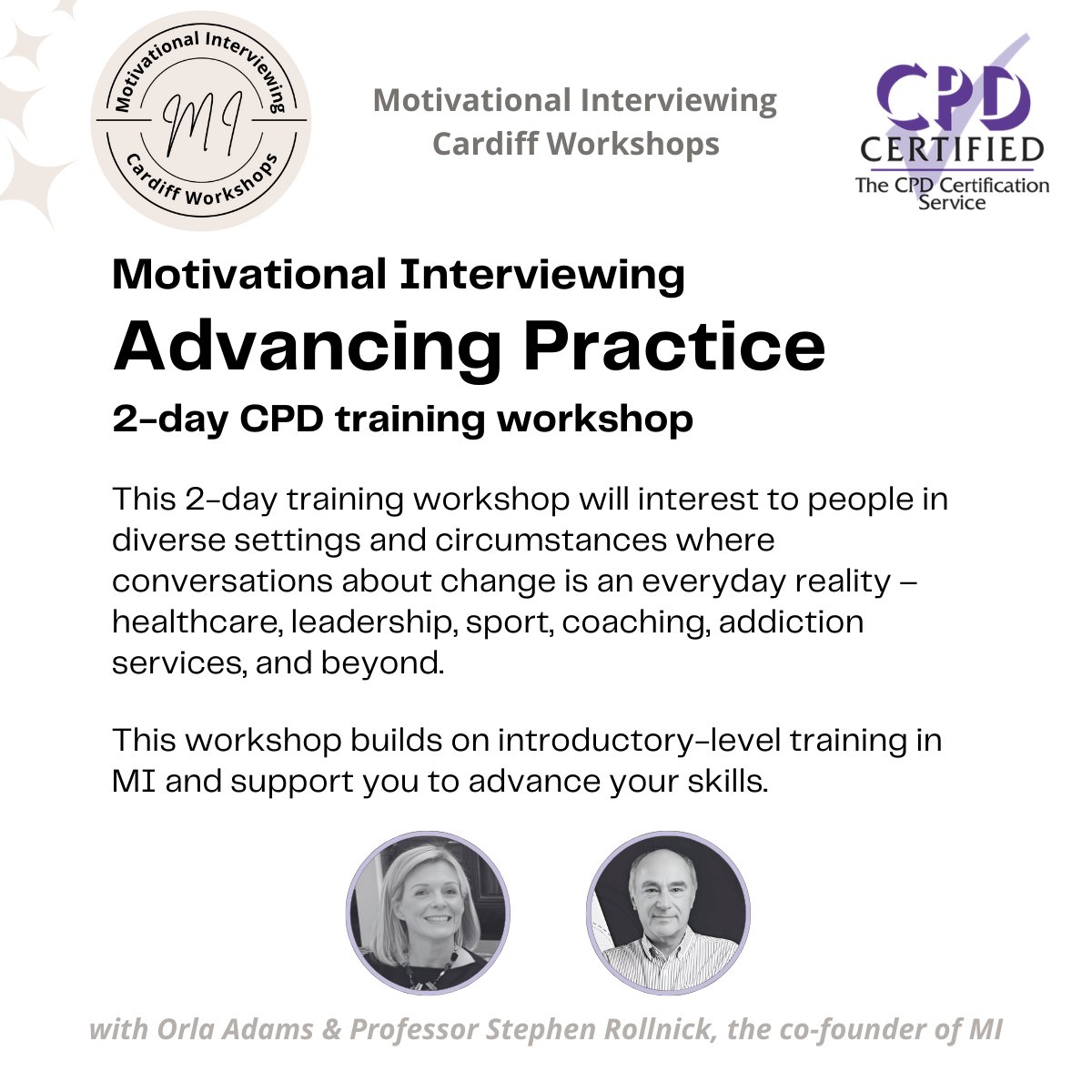 Cardiff MI Workshops (@micardiff) on Twitter photo Motivational Interviewing Training: Advancing Practice
2-day In-person CPD workshop
Thursday 7 & Friday 8 November
Cardiff, Wales, UK
With Orla Adams & Prof Stephen Rollnick
Book via our website:
micardiff.co.uk
#MI #Motivational_Interviewing #MotivationalInterviewing Motivational Interviewing Training: Advancing Practice
2-day In-person CPD workshop
Thursday 7 & Friday 8 November
Cardiff, Wales, UK
With Orla Adams & Prof Stephen Rollnick
Book via our website:
micardiff.co.uk
#MI #Motivational_Interviewing #MotivationalInterviewing