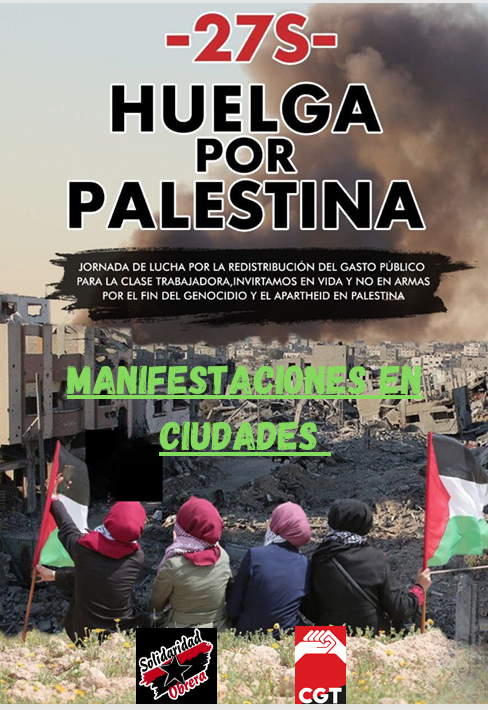 Huelga por Palestina |

🔴¡¡Se siguen sumando colectivos y ciudades a #27shuelgageneralpalestina y a #27SJornadaDeLucha!!

¡¡En total 200 organizaciones!! 

Podéis consultarlas en cgt.org.es/convocatorias-…

#27JornadaPorPalestina