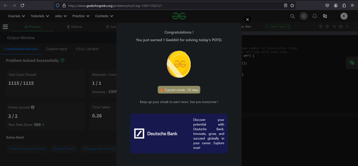 codewithme208's tweet image. Day 16: Keeping the momentum going! Today's challenge pushed my limits, but I’m loving every moment of this coding journey! #GeekStreak2024 #CodeEveryDay  @geeksforgeeks @DeutscheBank