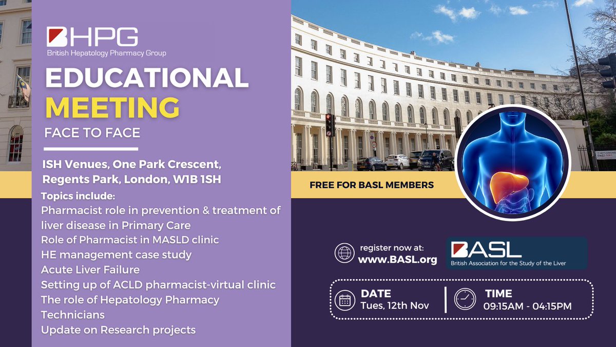 The British Hepatology Pharmacist Group meeting is a one day event in London on 12th Nov 2024, which is FREE to attend for BASL Members. The non-member rate is £72. Further information and registration available via the ‘Events’ page on the BASL website basl.org.uk/index.cfm/even…