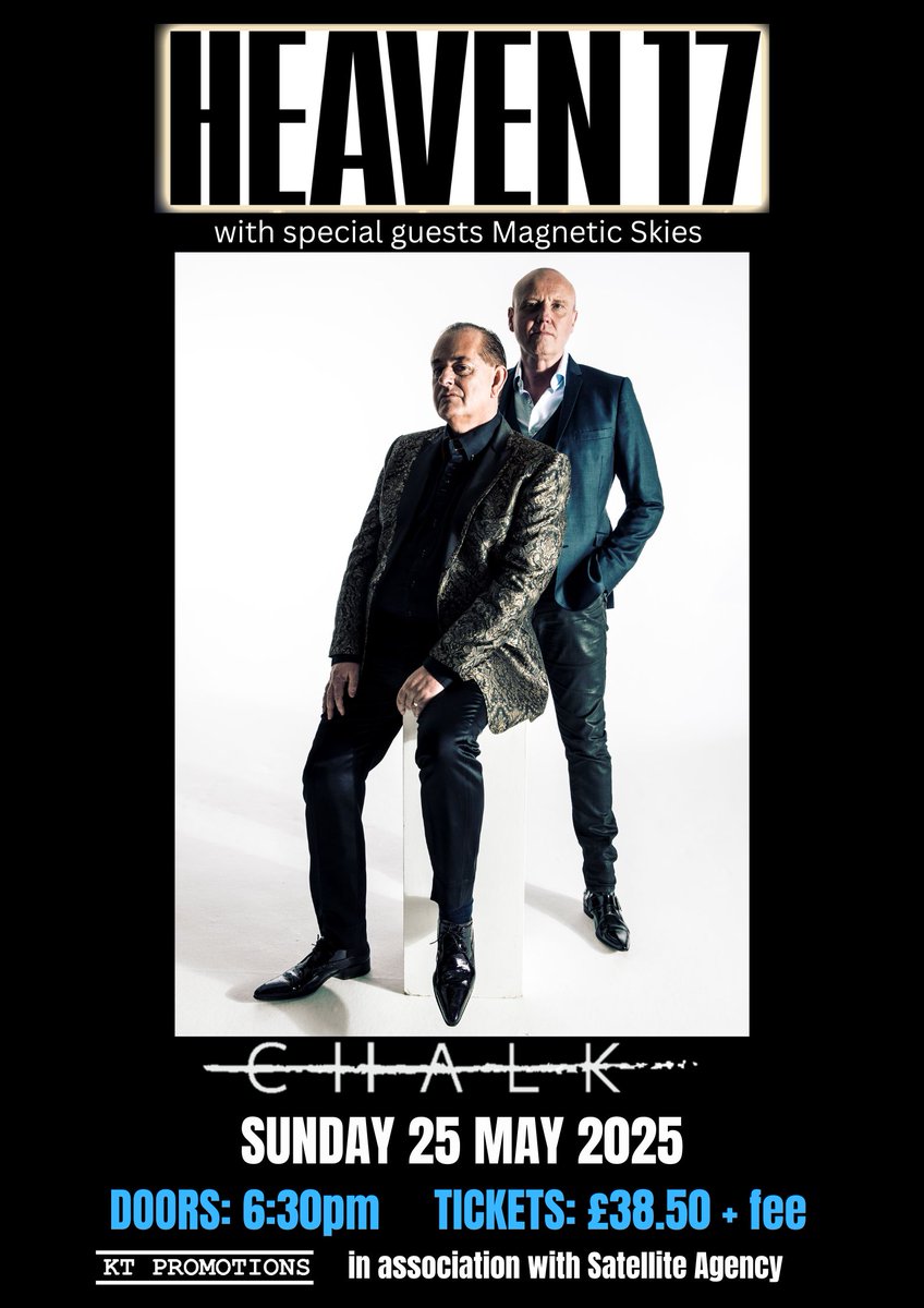 KT Promotions (@kt_promotions) on Twitter photo NEW SHOW! So pleased to announce <a href="/heaven17bef/">Heaven 17</a> in Brighton <a href="/chalkvenue/">Chalk Venue</a> Sun 25 May 2025! Always a fab seaside show on the Bank Holiday weekend with <a href="/martynware/">Martyn Ware 🦉</a> <a href="/mrgregory/">glenn gregory</a> & the H17 gang. Tix: link.dice.fm/H8eefc7845ec
Excited already!
Special guests: <a href="/magneticskies/">Magnetic Skies</a> NEW SHOW! So pleased to announce <a href="/heaven17bef/">Heaven 17</a> in Brighton <a href="/chalkvenue/">Chalk Venue</a> Sun 25 May 2025! Always a fab seaside show on the Bank Holiday weekend with <a href="/martynware/">Martyn Ware 🦉</a> <a href="/mrgregory/">glenn gregory</a> & the H17 gang. Tix: link.dice.fm/H8eefc7845ec
Excited already!
Special guests: <a href="/magneticskies/">Magnetic Skies</a>